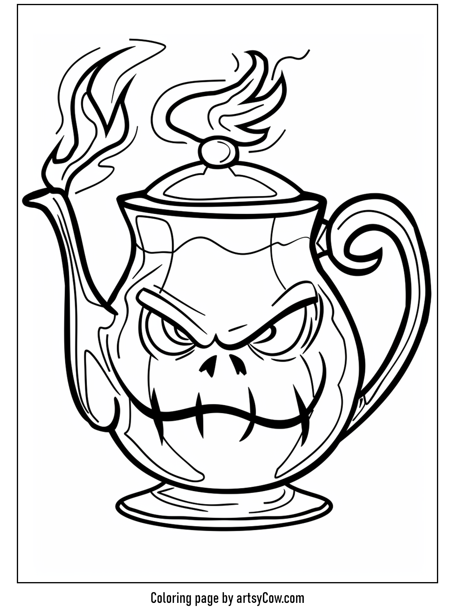 scary halloween coloring pages featuring a teapot designed with a spooky face, emitting curling smokes resembling ghostly forms.